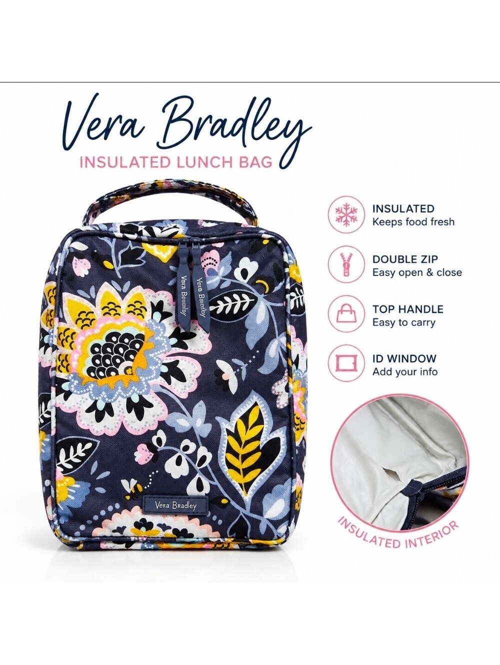 Vera Bradley Floral Insulated Lunch Bag Navy Pink Yellow Double Zip Handle